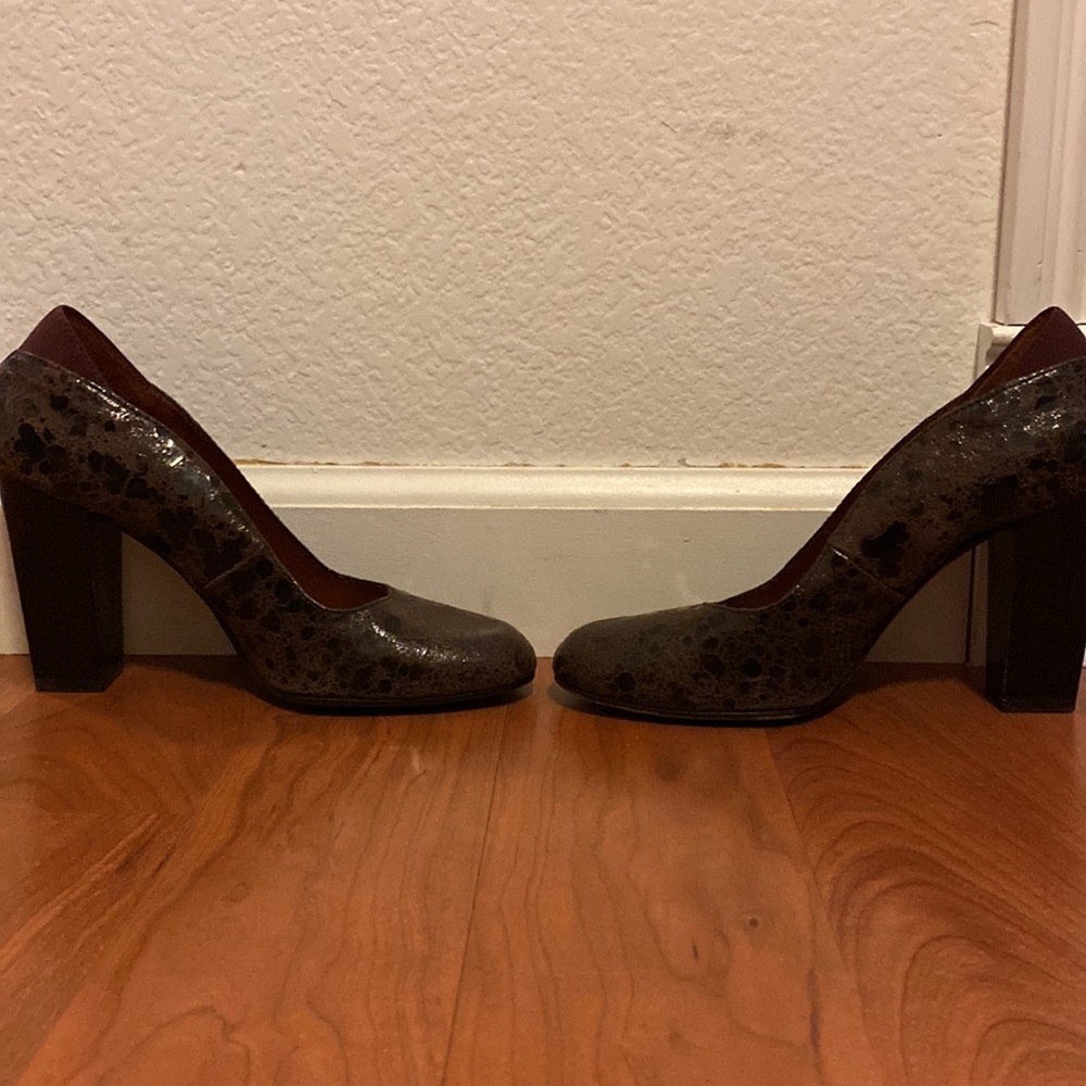 🎉HP Donald J Pliner Leather Shoes Sz 7, TwoTone Brown, chunky 4” “Casey” - Picture 10 of 17